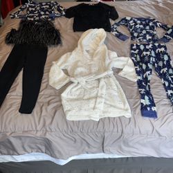 Cat & Jack/self esteem/xhilaration size 6/6x clothes. Robe is not real soft anymore & gold dots are peeling off but no holes. Black sweater fur is a l