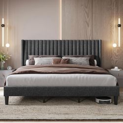 King Bed Frame Upholstered Platform Bed with Fabric Headboard, Wing Edge Design/Non-Slip and Noise-Free/Wooden Slats Support/No Box Spring Needed/Easy