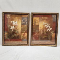 (2) White And Red Flower Picture Paintings Frame 