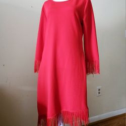 Size Large Say What? Red Long-Sleeved Textured Dress with Flowing Fringed Sleeves and Skirt. 95% Polyester, 5% Spandex. Measures 17" (36") Pit to Pit 