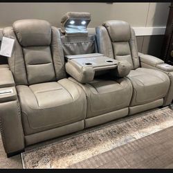 Real Leather Gray Power Reclining Sofa Loveseat Couch | 2 Piece Living Room Set 🌟  In Stock 👍 On Sale ✅