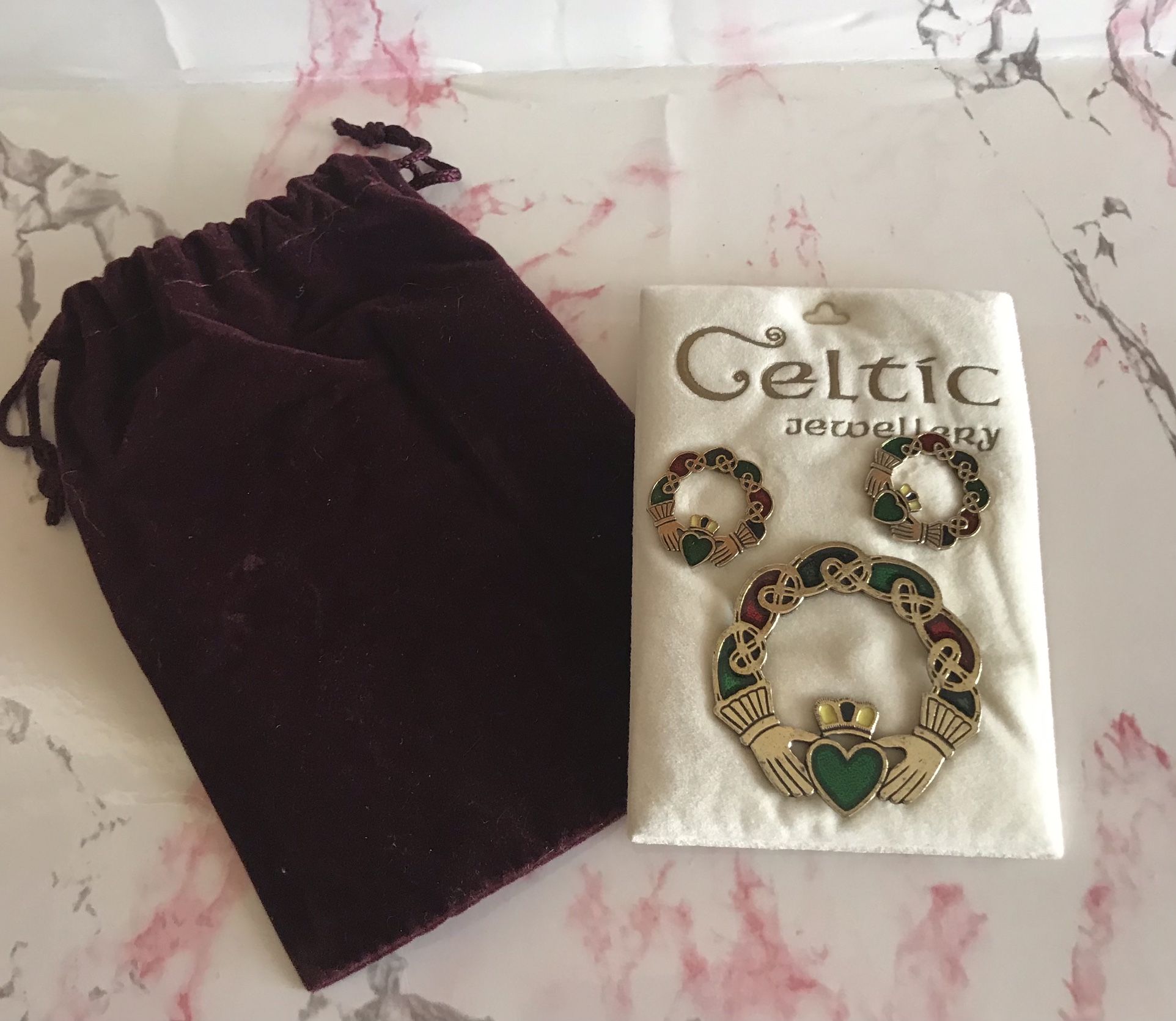 Claddagh Jewelry Set—earrings And Brooch 