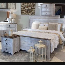 By Ashley Whitewash 7 Piece Queen Size Bedroom Set ☄️ Panel Bed( headboard,footboard,rails), two-2 drawer nightstand , 6 drawer dresser with mirror👌