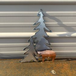Handmade Plasma Cut Trees With Copper Bear Three-Dimensional