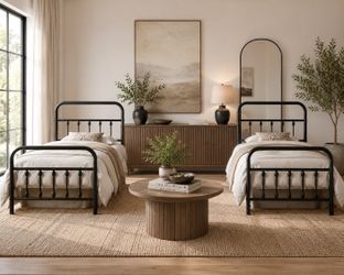 2pcs Twin Metal Bed Frame, Victorian Iron-Art Headboard, 450 lb Capacity, 12.6" Storage Space, No Box Spring Needed Black