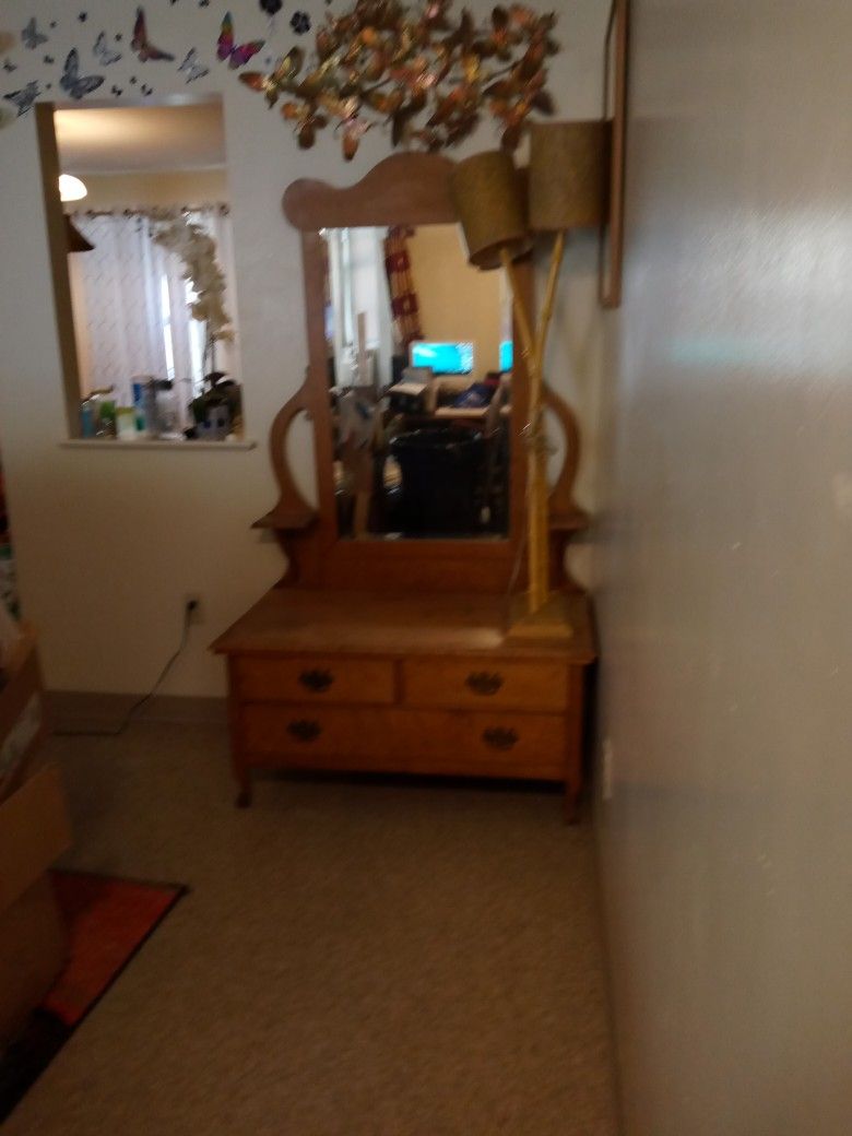 Antique Furniture Dresser/Mirror, Bamboo Lamp For Sale