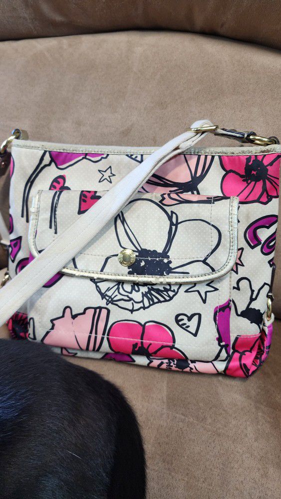 COACH Poppy Nylon Crossbody Floral Graffiti Bag Cream/ Pink 

