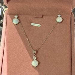 Solid Sterling Silver 925 White Opal Earrings N Pendant Set