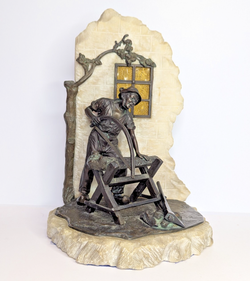 Unique ArtDeco Bronze Alabaster Woodcutter Diorama Amber Glass Lumberjack 12.5"
