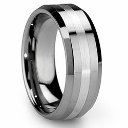 Men's 8mm Tungsten Silver Polished With Matte Finish Stripe Comfort-Fit Wedding Band