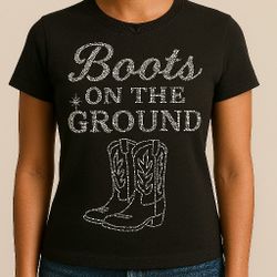 “Boots on the Ground” Rhinestone Tee – Line Dance Vibes!
