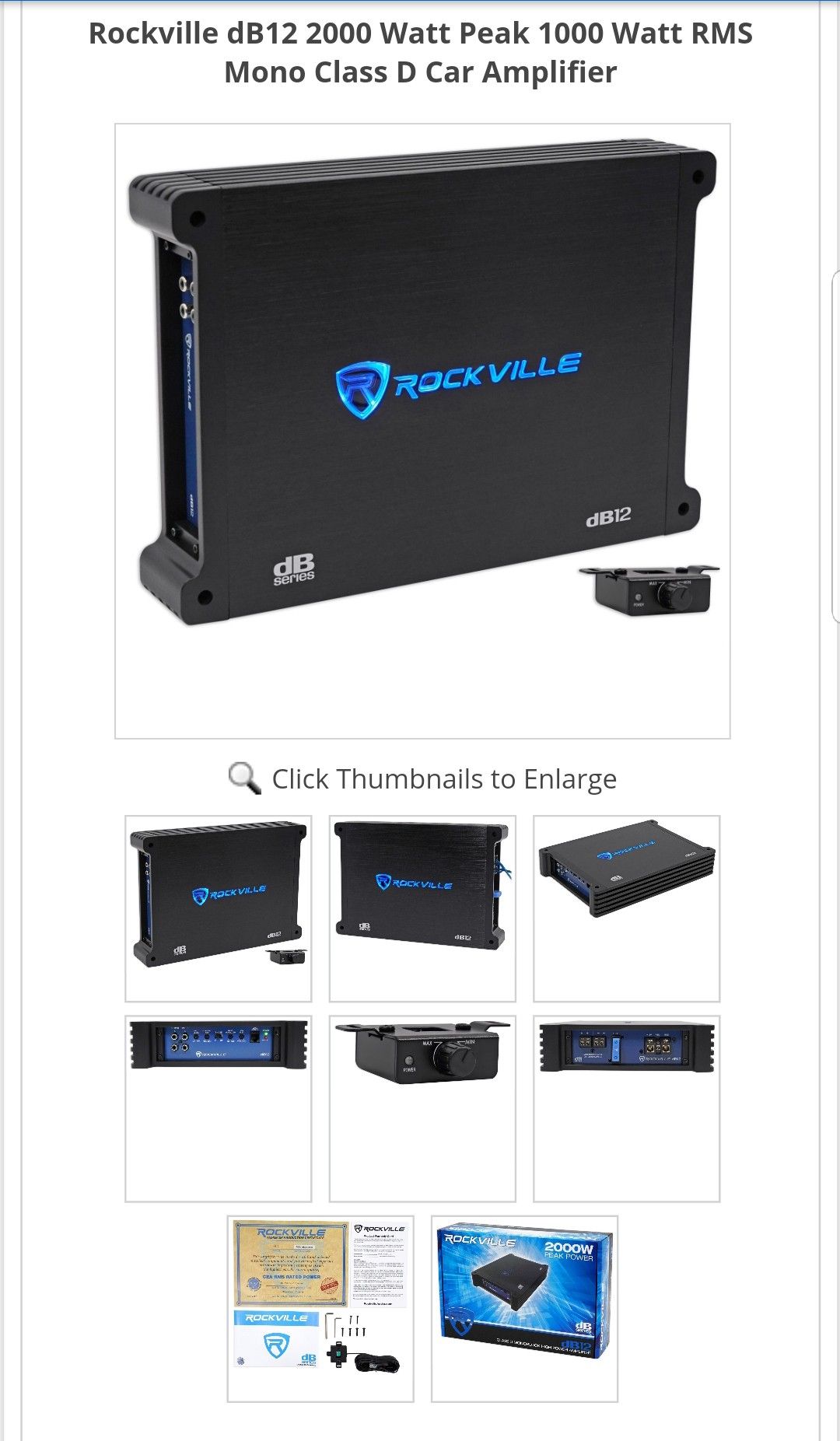 Rockville dB12 2000 Watt Peak 1000 Watt RMS Mono Class D Car Amplifier