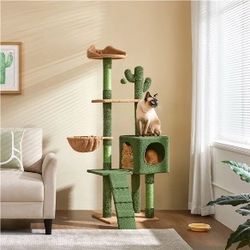 52.5'' Height Cactus Cat Tree Condo with Natural Sisal, Green/Brown