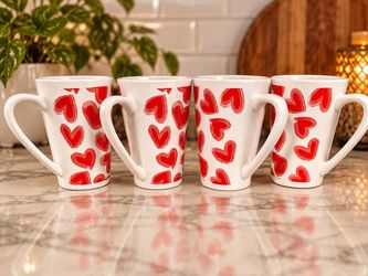 Set of 4 White Ceramic Mugs with Red Hearts