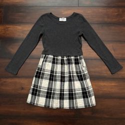 Little Girls Clothes Old Navy Long Sleeve Mixed Material Dress Gray Knit Top Black And White Plaid Skirt With Pockets Size L 10/12 