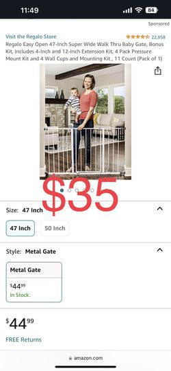 Regalo Easy Open 47Inch Super Wide Walk Thru Baby Gate, Bonus Kit, Includes 4-Inch and 12-Inch Extension Kit, 4 Pack Pressure Mount Kit and 4 Wall Cup