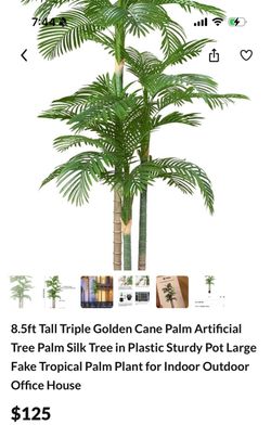 8.5ft Tall Triple Golden Cane Palm Artificial Tree Palm Silk Tree in Plastic Sturdy Pot Large Fake Tropical Palm Plant for Indoor Outdoor Office House