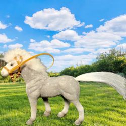 Vintage 1970s Flocked Gray Toy Horse With White Mane & Tail Yellow Bridle, 4.5”