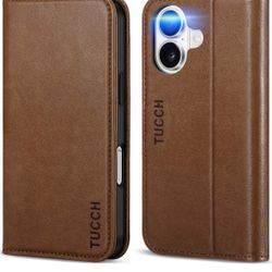 TUCCH iPhone 16 Leather Wallet Case - Magnetic Closure Flip Cover for The Regular iPhone 16, Stand, with 3 Credit Card Slots RFID Blocking Shockproof 