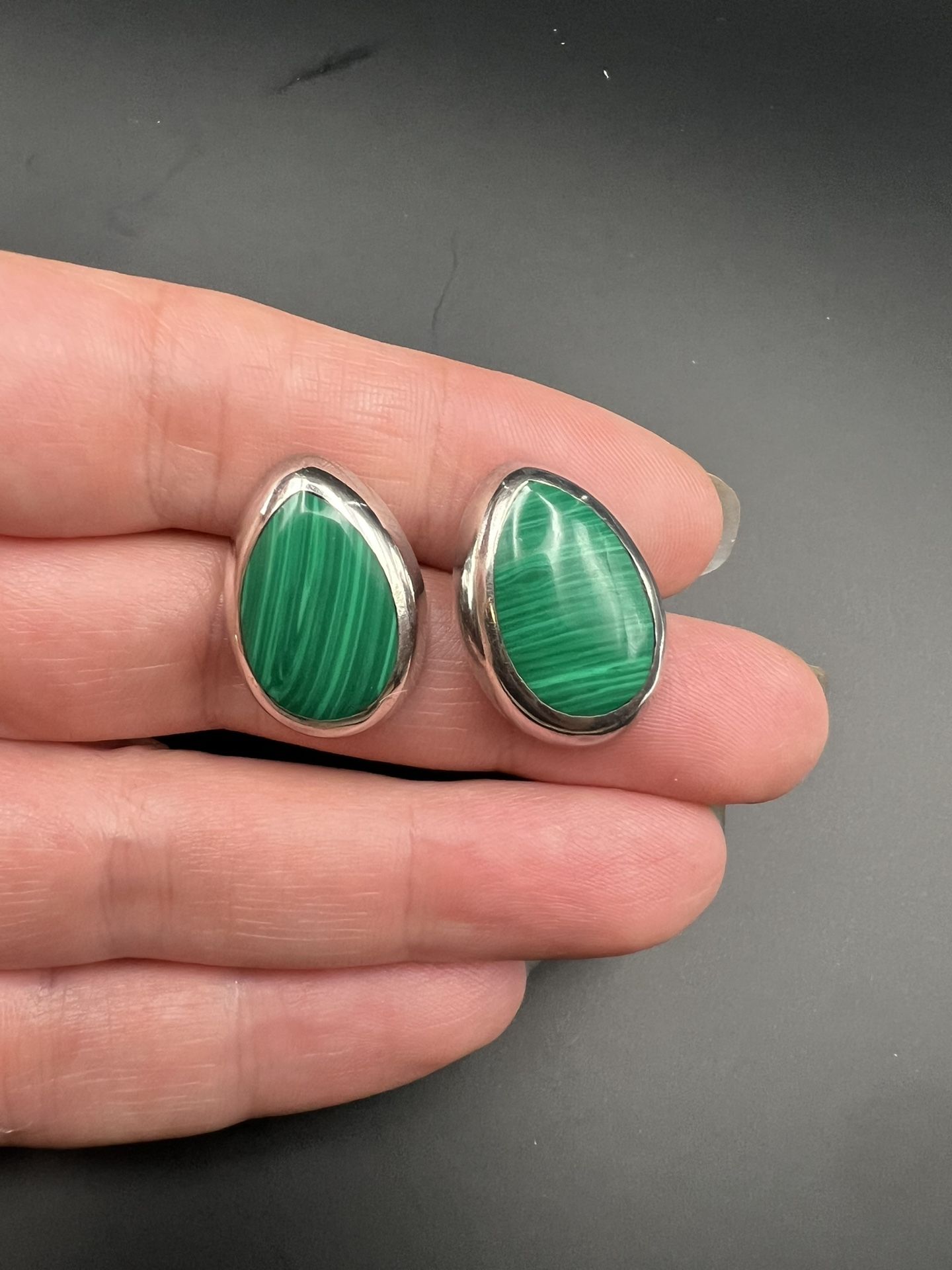 Vintage Taxco Mexican Silver And Malachite Large Teardrop Post Stud Earrings