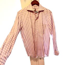 Fine Italian Men’s Dress Shirt In Pink And Light Blue Plaid. Drycleaned Excellent Condition 