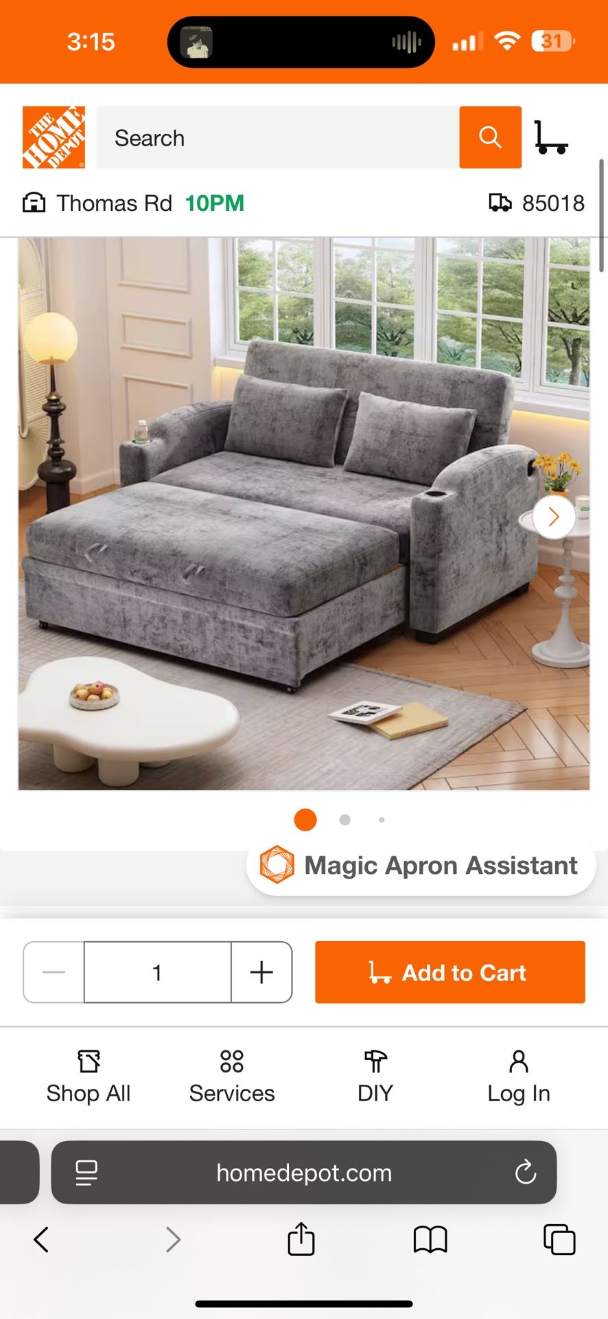 61.42 in. Square Arm Chenille Rectangle Sofa with Sofa Bed, Pillows, USB Ports and Cup Holders in Gray (Seats 2)