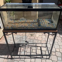20 Gallon Long Aqueon Aquarium, 30” x 13” Angle Iron Stand W/plywood Base, Aqueon Glass Canopy, & Tidal 35 Power Filter (Used)