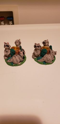 Pair of Raccoon Tapered Candlestick holders. NEW.