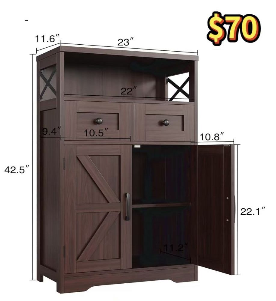 😀 Dark Brown Storage Cabinet with Drawers and Shelves, Standing Kitchen Pantry Cabinet, Floor Storage Cabinet Hutch Cupboard, Coffee Bar Station for