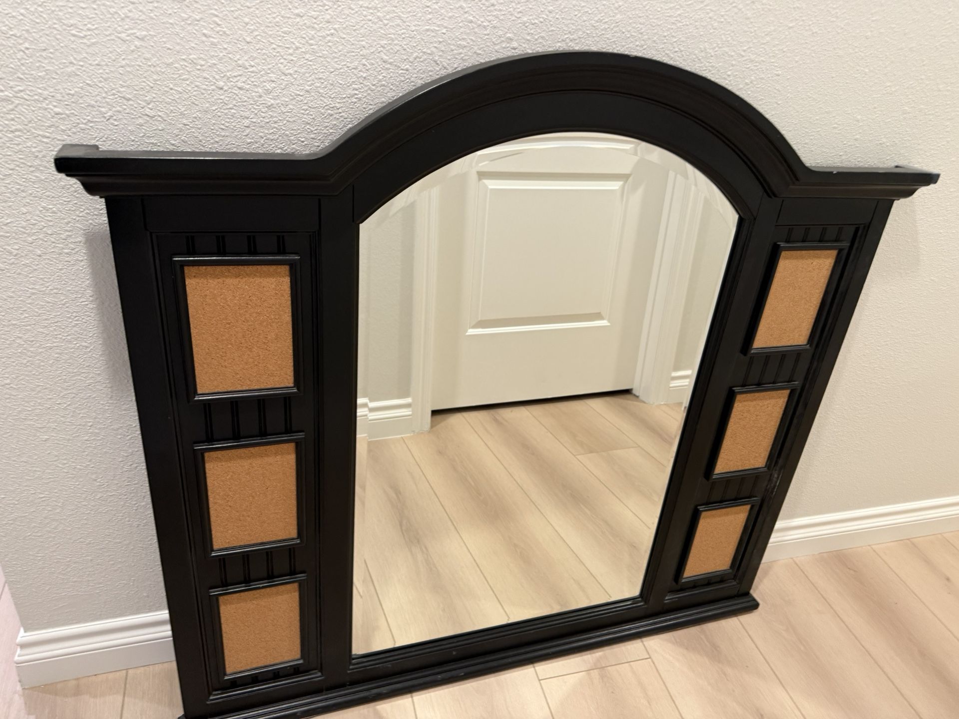 Black Mirror For Dresser With Cork Sections For Photos Or Reminders, Etc. 