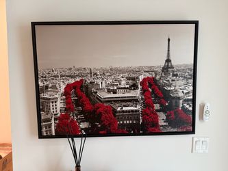 Black and White City Street Canvas Print with Red Trees