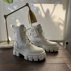 Prada Monolith Leather and Re-Nylon Lace-up Boots with Pouch