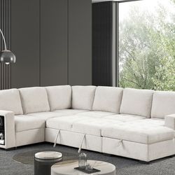 Furniture of America Beige Couch Sofa Bed Sectional Storage w/ Pull-Out Sleeper FM6966BG-SECT