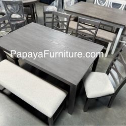 New 6 Pc Dining Room Table And Chair Bench Set Kitchen Furniture Sale Discount Grey Modern Contemporary Natural Wood
