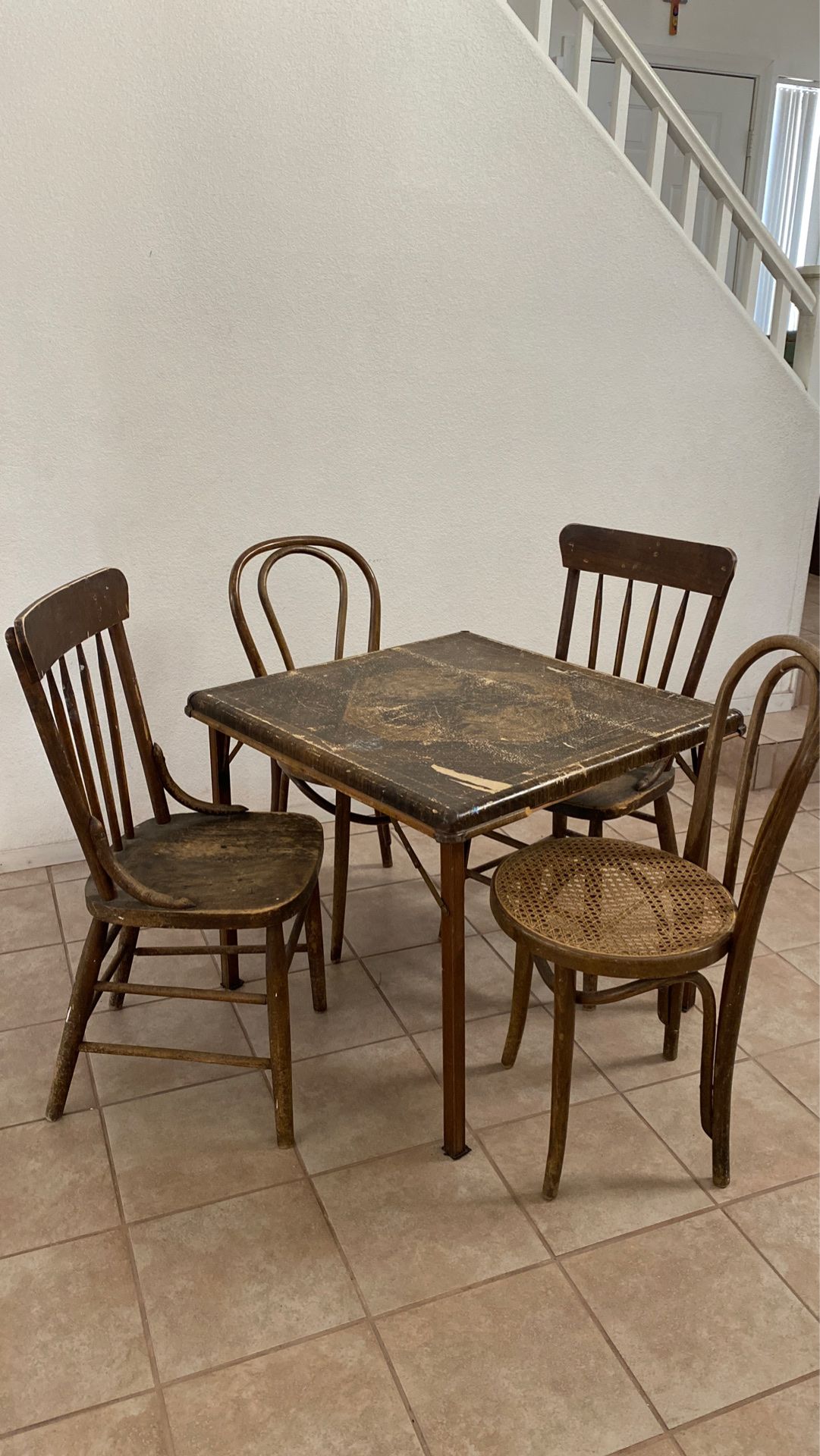 Vintage/ Antique 1930's Tubular Folding Card Table by Shwayder Bros. and 4 Wooden Chairs