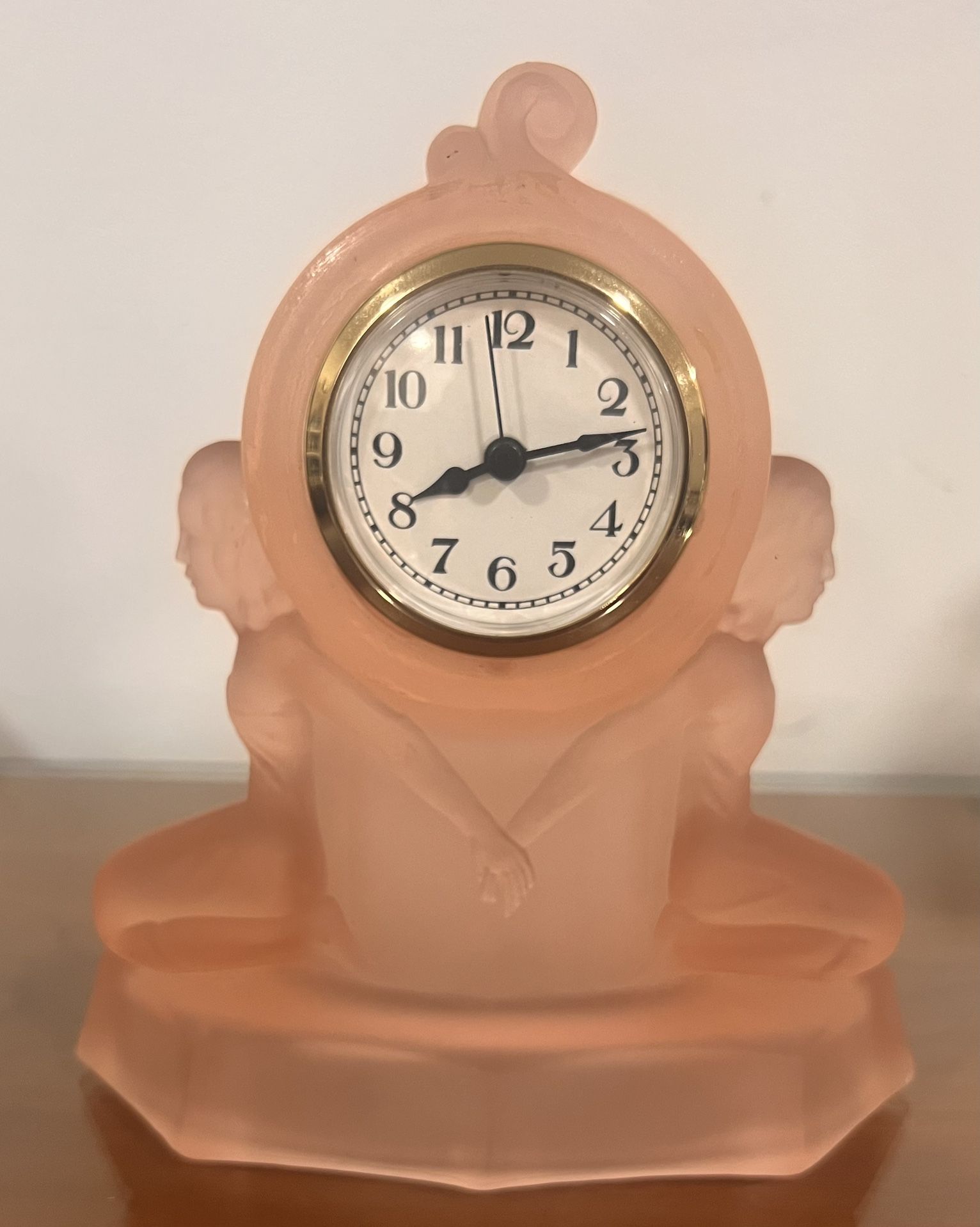 Art Deco Walther Pink Peach Glass Windsor Clock c. 1930's. Working fine.
