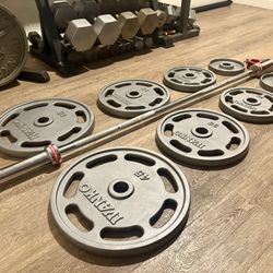 IVANKO’s  Olympic Weight Plates  (45s, 35s, 25s & 10s) In New Condition; Plus Titan 6ft Bar. Total: 270 lbs.