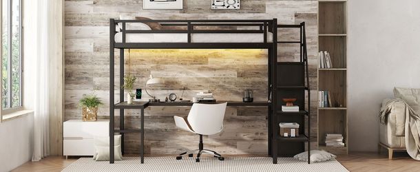 Twin XL Size Loft Bed with L-shaped Desk and USB, Metal Loft Bed with Wardrobe and Adjustable Shelf, High Loft Bed with LED for Kids Teens Adults, Bla