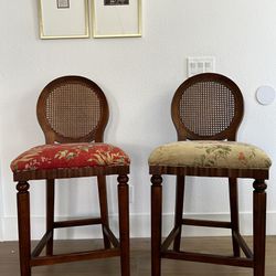 Set Of 2 Cane & Wood Counter-Height Barstool Chairs | French Country | Euro Cottage