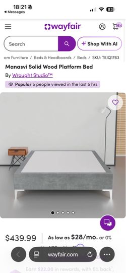 Solid wood platform bed 48 x 75 inches