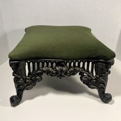 Antique Cast Iron Foot Stool New Green Velvet Cushion Victorian Restored