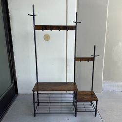 New In Box 40x13x68 Inch Tall Garment Clothing Hanging Rack Shelf Shoe Storage Rack Bench Rustic Brown