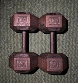60 lb dumbbells dumbbell lbs 60lb 60lbs Cast Iron weights weight # Sixty pound pounds hex