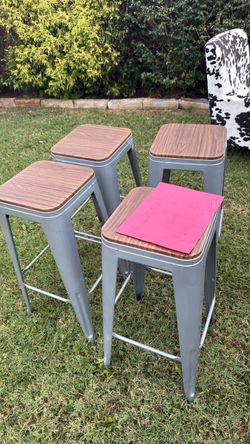 Set of 4 Metal Bar Stools with Wood Seats