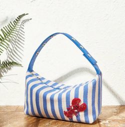 Blue Striped Canvas Shoulder Bag with Lobster Detail