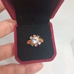 Sparkle Gemstone Multi Saphires 2mm White Topaz 8mm Top Ring 13mm Size 7US  S925 Rose GPD 