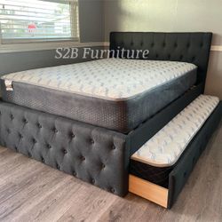 Full Twin Grey Frenchi Trundle Bed With Ortho Mattress Included!!