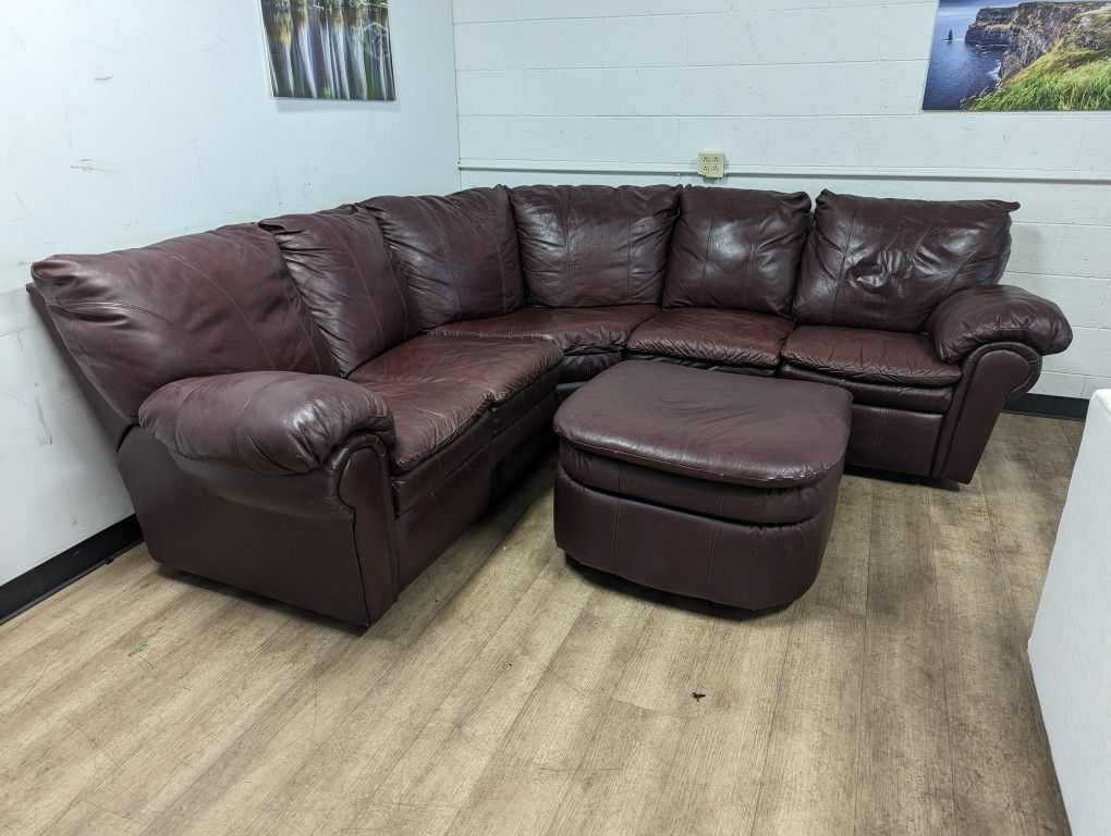 Contemporary Red Genuine Leather Recliner Sectional with Ottoman