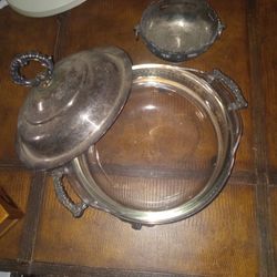 Nice Sterling Silver Plated Vintage Pyrex Glass Bowl And Marked Bowl