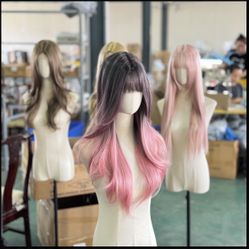 24 inch Curly Wavy Ombre Pink Wig with Bang